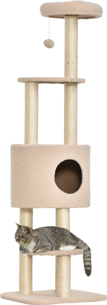 PawHut Drapak 148 cm wysokości drzewko dla kota z kryjówką, 4 zabawki, słupki sizalowe, duża platforma, wielopoziomowy dla kotów do 5 kg | Aosom PL