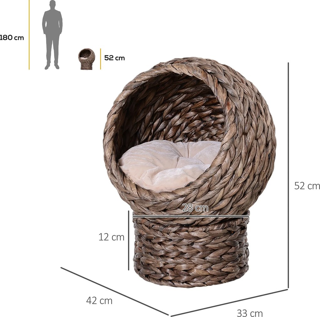 PawHut Kosz dla kota Rattanowe gniazdo dla kota Legowisko dla kota z poduszką Legowisko dla zwierząt domowych szary