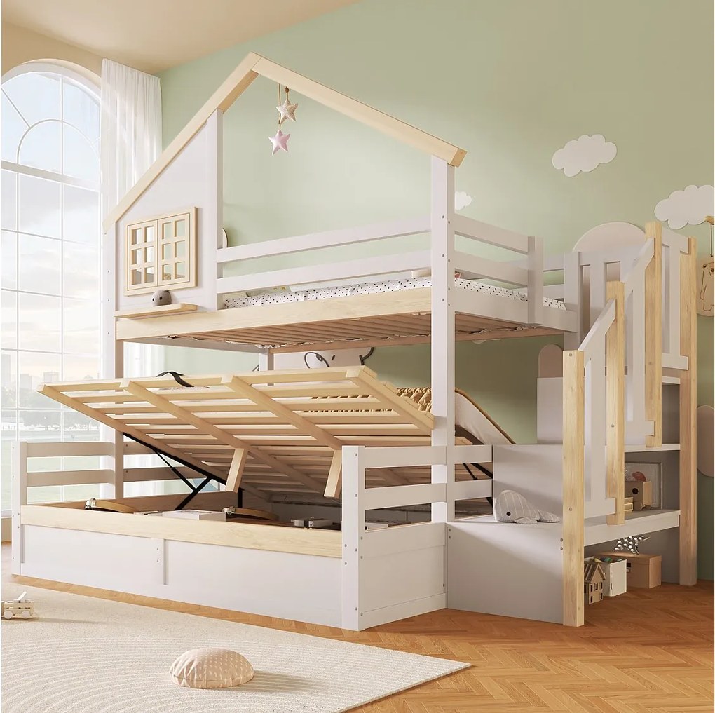 Łóżko piętrowe dla dzieci - 90 x 200 cm + 140 x 200 cm - z łóżkami hydraulicznymi + drabinka ze schowkiem - drewniane - białe