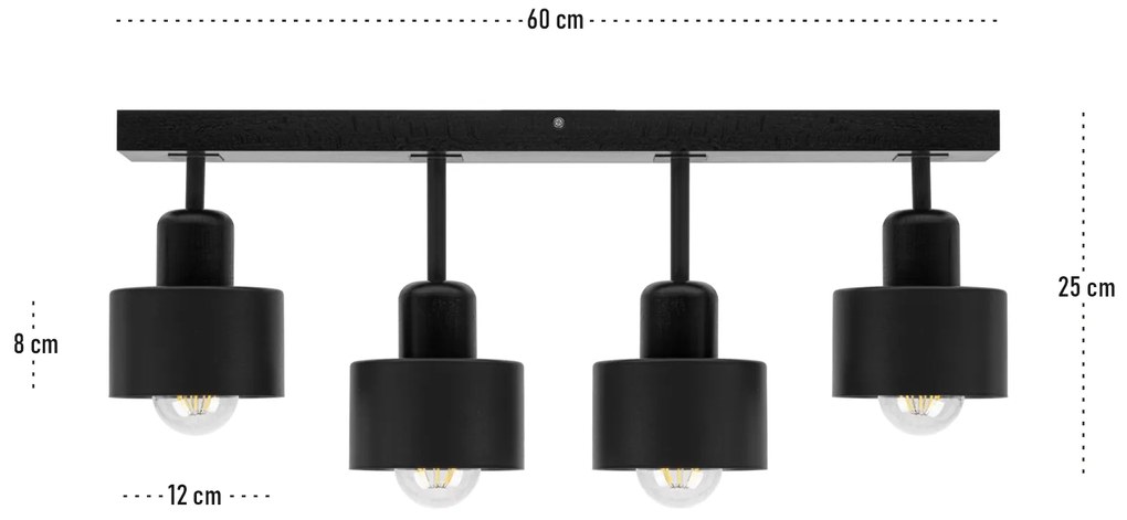 Czarna lampa sufitowa, czteropunktowy spot DSC60x7SC z drewna i metalu