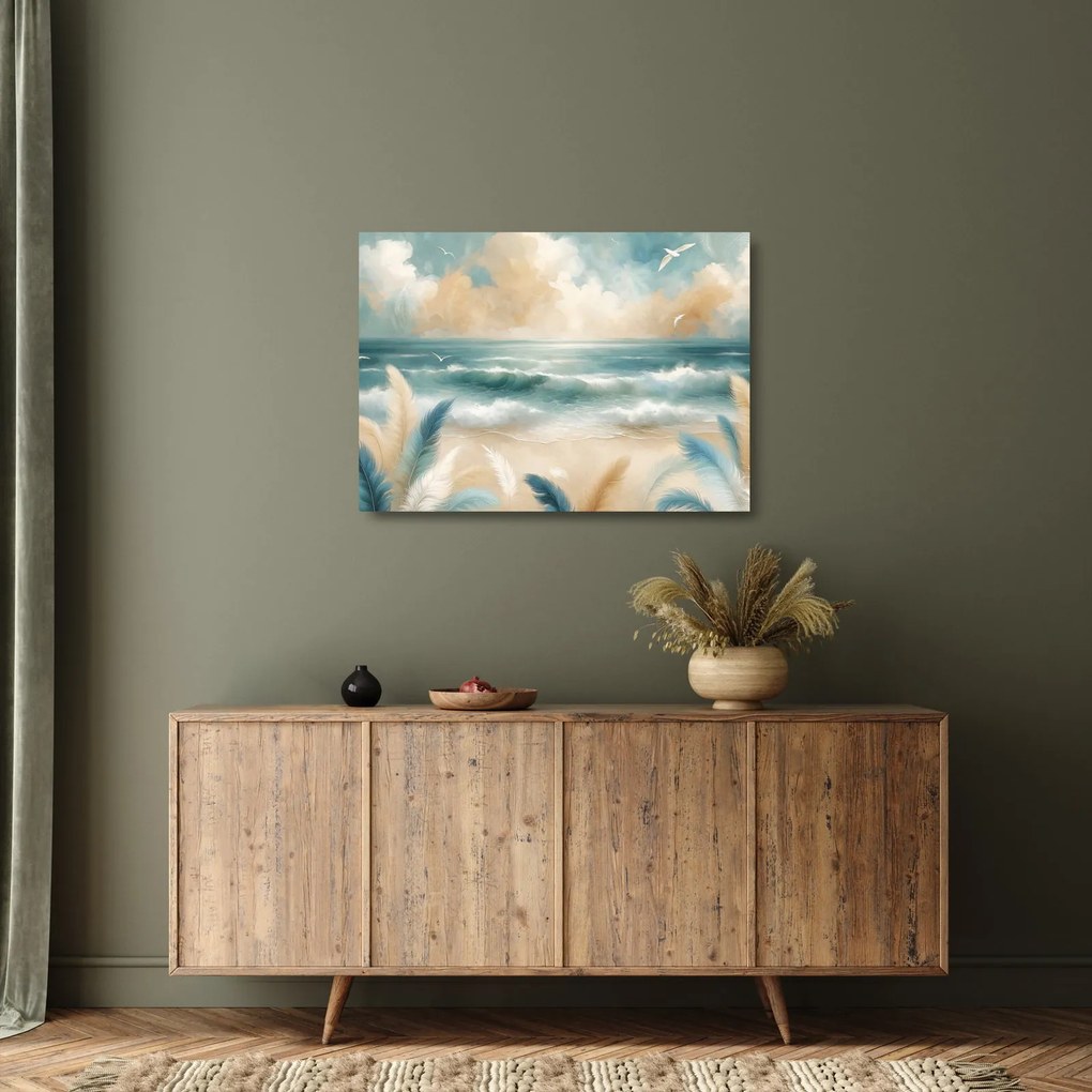 Obraz na szkle – Malowana plaża w delikatnych kolorach (70x50 cm)