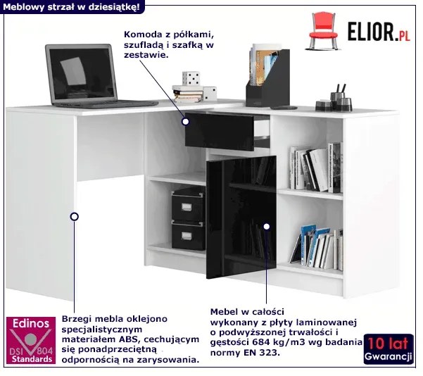 Biurko komputerowe z komodą i półkami biały + czarny połysk - Klemin 5X