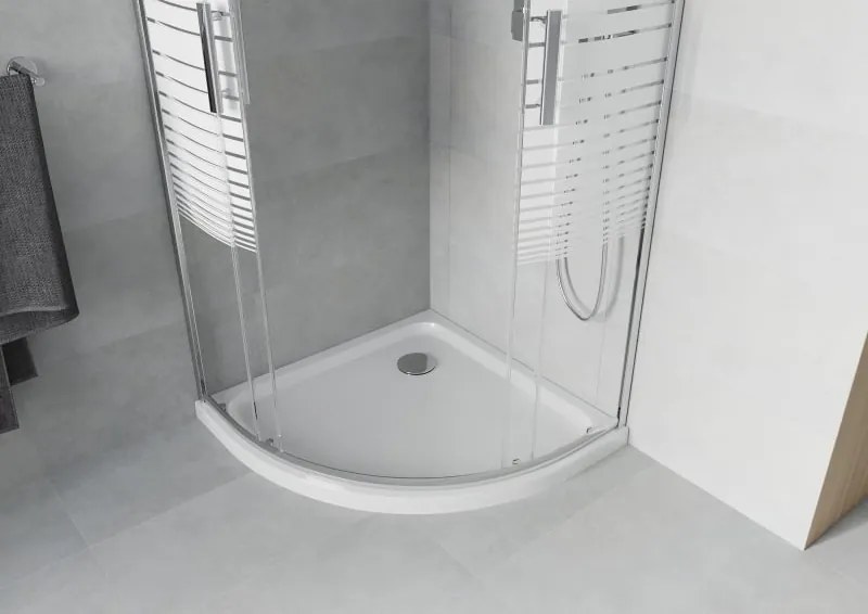 Mexen Rio kabina prysznicowa półokrągła 90 x 90 cm, białe pasy, chrom + brodzik Flat, biały - 863-090-090-01-20-4110