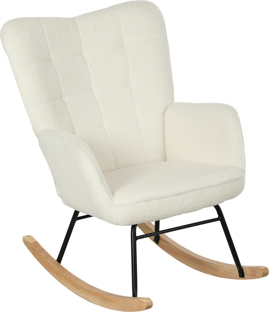 HOMCOM Fotel Bujany w Wyglądzie Fleece z Podłokietnikami, Ergonomiczny Fotel na Drewnianych Płozach, do Salonu, Sypialni, Biały