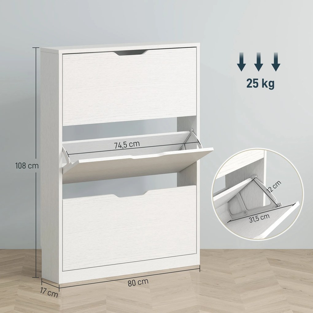 HOMCOM Szafka na buty z 3 składanymi szufladami, na do 12 par butów, Płyta wiórowa, 80 x 17 x 108 cm, Biały