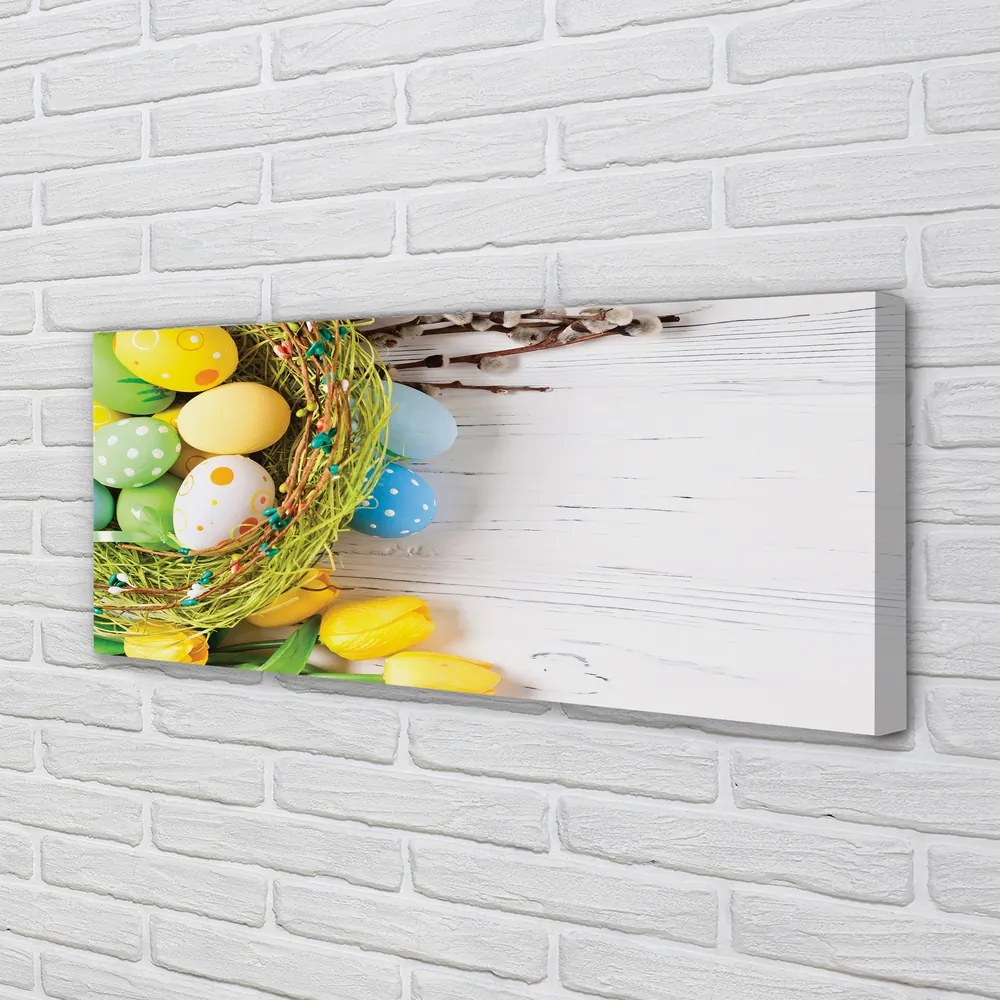 Fotoobraz na płótnie Jajka, Bazie i Tulipany