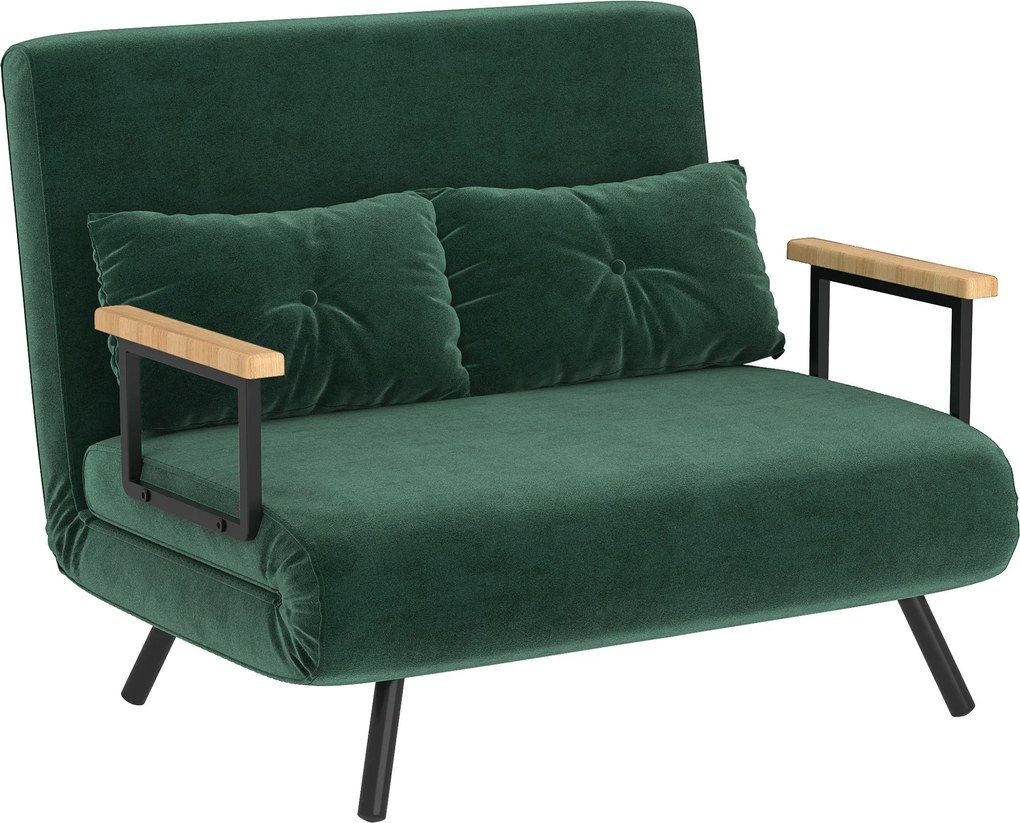 HOMCOM Sofa rozkładana 2-osobowa welurowa, funkcja spania, w zestawie 2 poduszki, welurowe wykończenie, Naturalny + Zielony