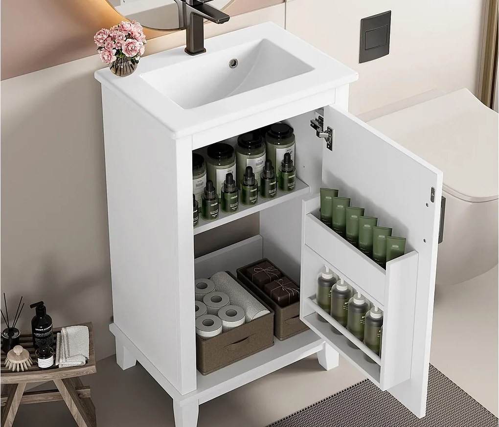 Meble łazienkowe na nogach - z ceramiczną umywalką - 1 drzwi - regulowane półki - Biały (bateria nie jest dołączona)