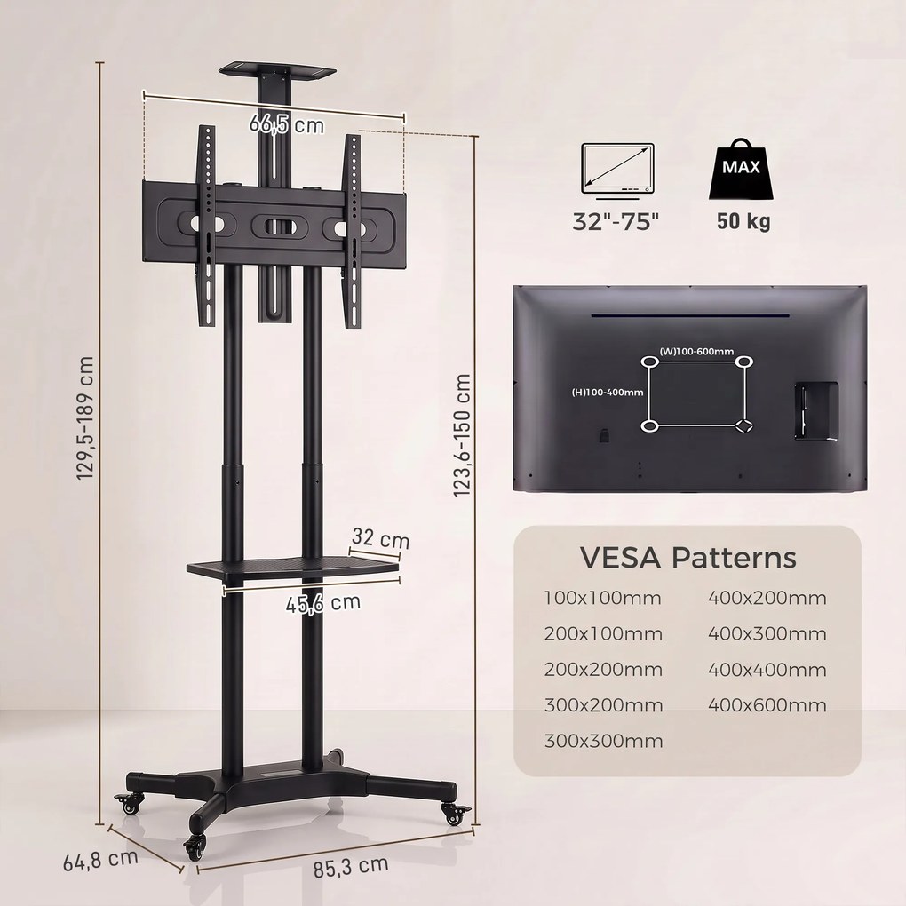 HOMCOM Stojak TV na kółkach do telewizorów 81,3–190,5 cm Regulowany stojak TV z 2 półkami, metal, max. VESA 400x600mm | Aosom PL