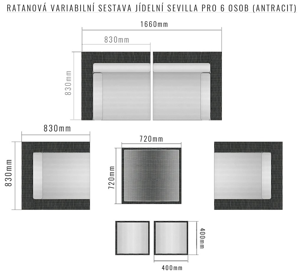 Rattanowy zestaw jadalniany regulowany SEVILLA dla 6 osób (antracyt)