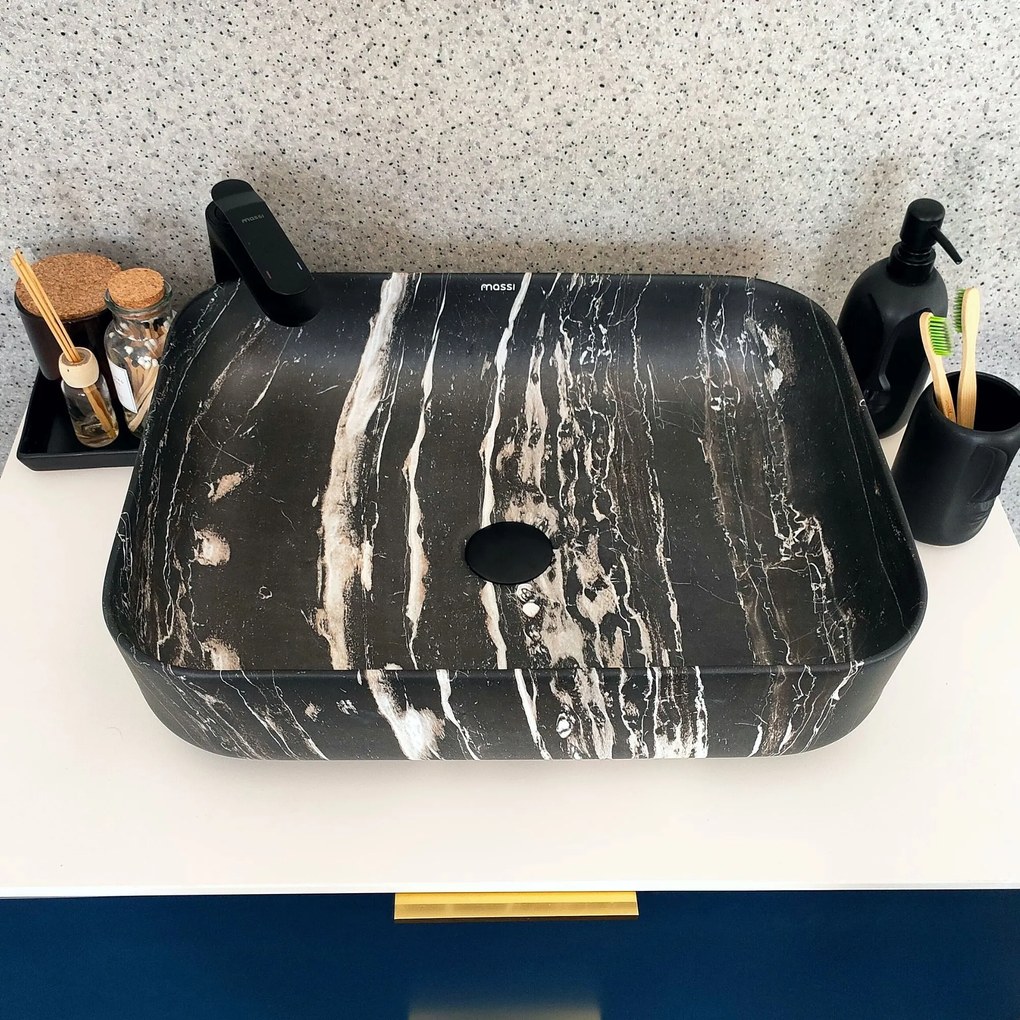 Umywalka ceramiczna nablatowa marmurowa prostokątna czarna 50 x 39 cm MARBE BLACK