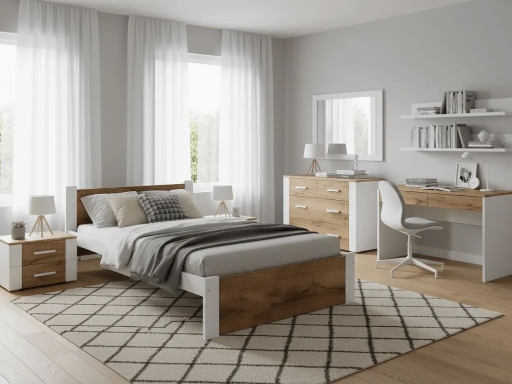 Łóżko IKAROS 90 x 200 cm, dąb artisan/biały Stelaż: Ze stelażem listwowym rolowanym elastycznym, Materac: Materac Coco Maxi 20 cm