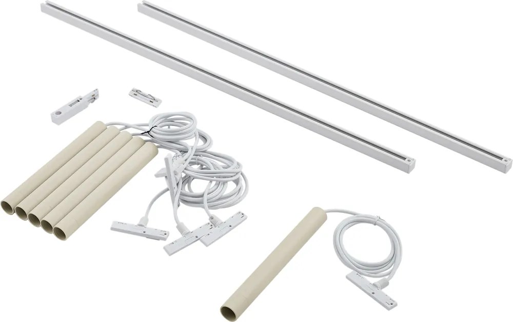 Nowoczesny system oświetleniowy szynowy z 6 lampami wiszącymi w kolorze beżowym i białym, jednofazowy - Slimline Keno