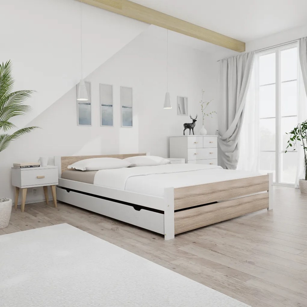 Łóżko IKAROS DOUBLE 120 x 200 cm, biały/dąb sonoma Stelaż: Ze stelażem listwowym rolowanym, Materac: Materac Coco Maxi 20 cm