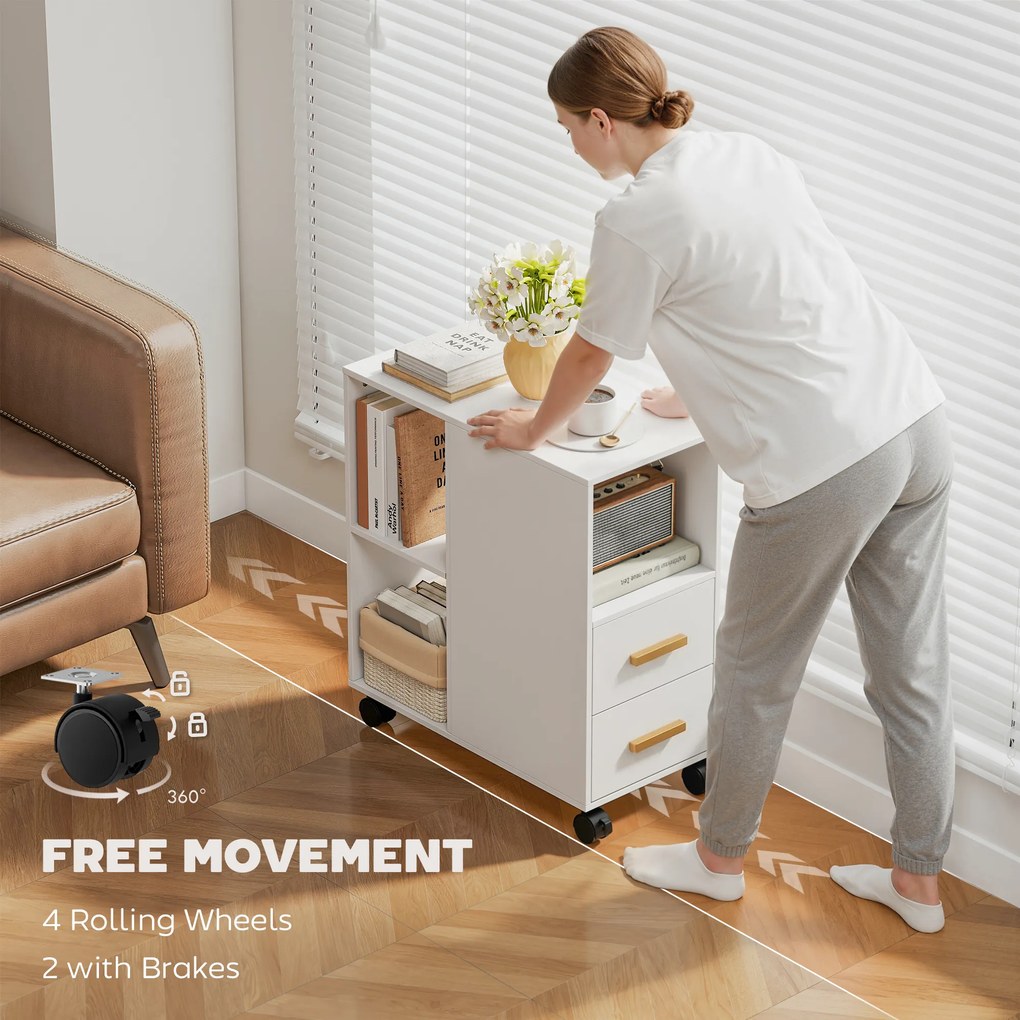 HOMCOM Stojak na drukarkę, stolik z regulowaną półką i kółkami do faksu i skanera 60 x 30 x 65 cm Biały | Aosom PL