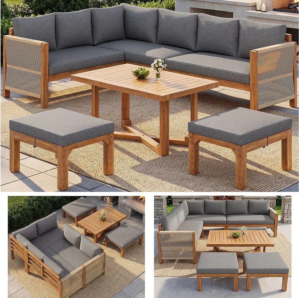 Zestaw mebli ogrodowych modułowych 6-osobowy - sofa + stół + poduszki + 2 stołki - drewno akacjowe - szary