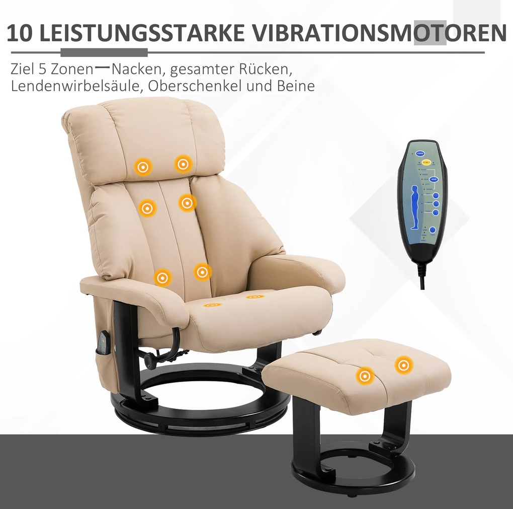HOMCOM Fotel masujący z timerem i podnóżkiem Skóra ekologiczna Beżowy 76x80x102cm | Aosom PL
