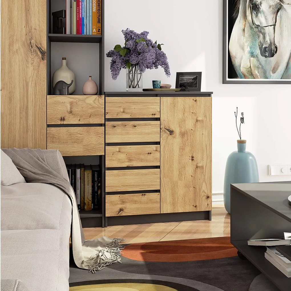 Komoda AKORD K80 Grafit Szary 80 cm 1 drzwi 5 szuflad kolor Dąb Artisan mat 3 półki 80x35x97 cm