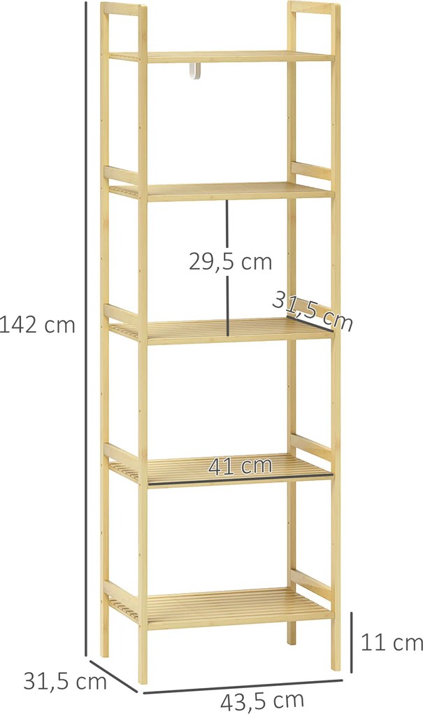 Półka łazienkowa HOMCOM z bambusa, z 5 regulowanymi półkami, 43,5 x 31,5 x 142 cm, drewno naturalne