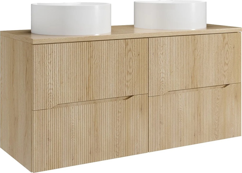 Szafka łazienkowa wisząca prążkowana z okrągłą umywalką nablatową – Jasny naturalny – 120 cm – ORISO