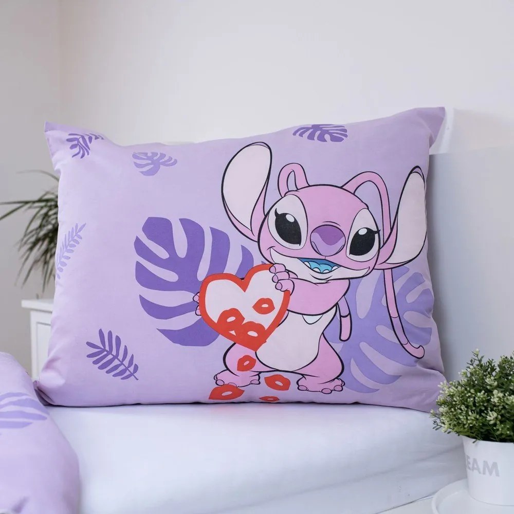 Fioletowa bawełniana pościel dziecięca jednoosobowa 140x200 cm Lilo and Stitch "Kiss" – Jerry Fabrics