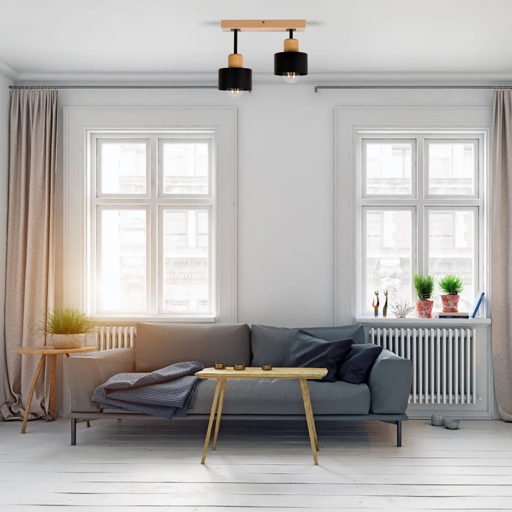 Czarna lampa sufitowa, dwupunktowy spot DSC30x7BU z drewna i metalu E2