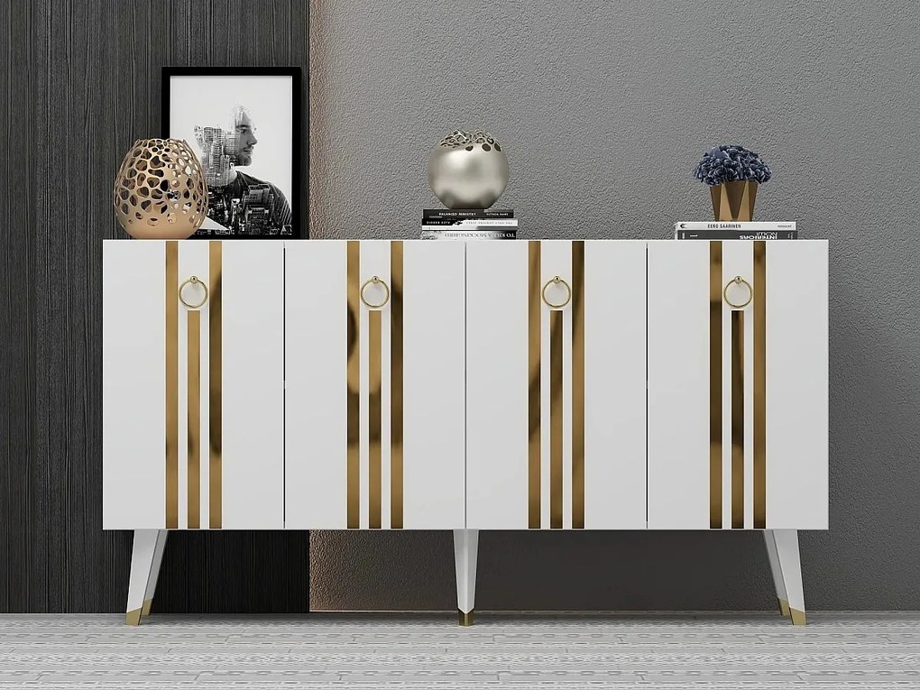 Komoda – 150 cm x 80 cm x 40 cm – Biało-złota – Płyta wiórowa pokryta melaminą