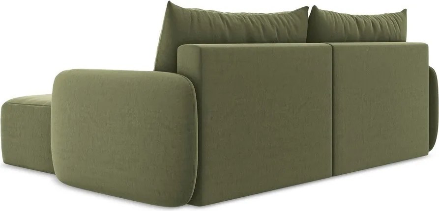 Zielony aksamitny rozkładany narożnik ze schowkiem (prawostronny/z szezlongiem) Kalena – Makamii