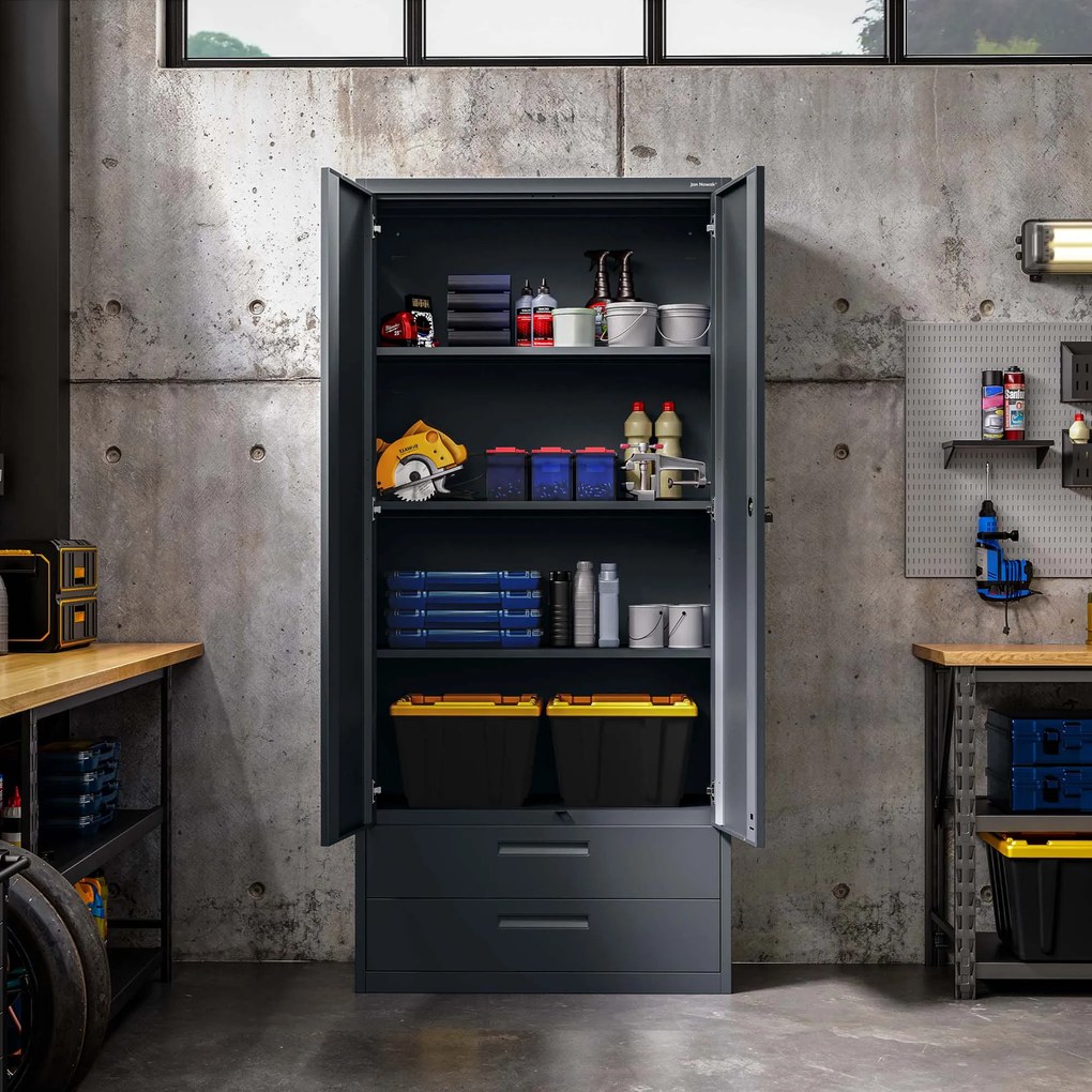 Szafa modułowa metalowa wielofunkcyjna z dwiema szufladami antracytowa MEGAN 1950 x 900 x 400 mm