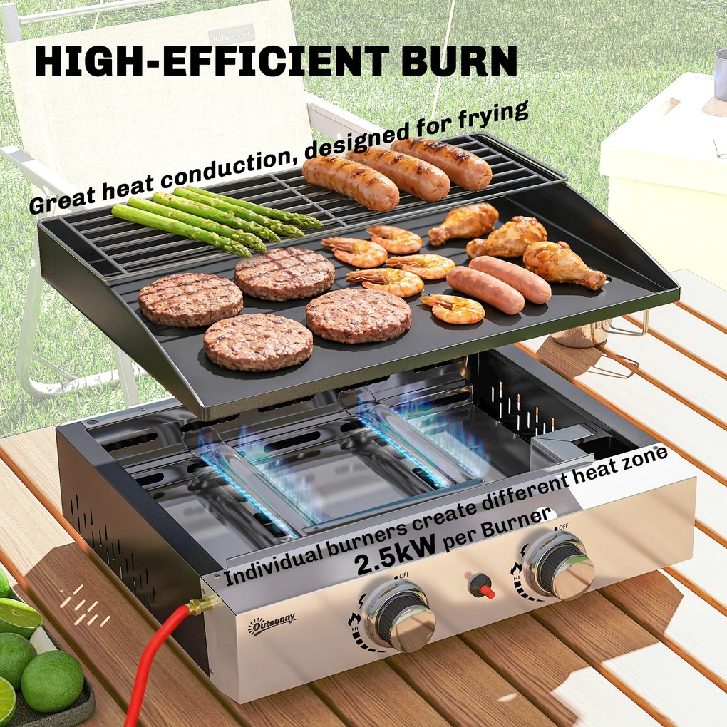 Outsunny Grill gazowy 5 kW przenośny stołowy z 2 palnikami, ceramiczną powłoką i rusztem podgrzewającym | Aosom PL