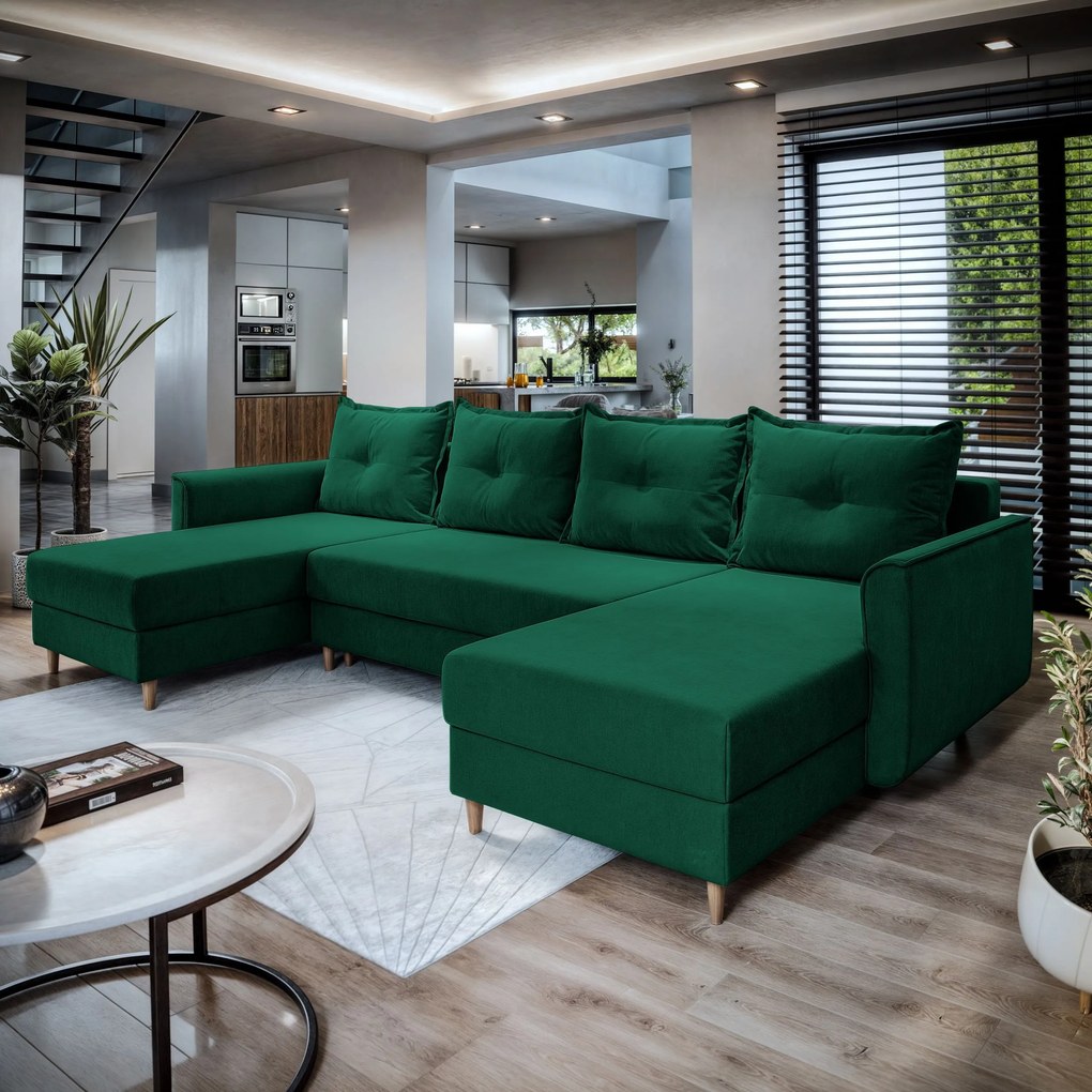 Masseno Narożnik VERNI z funkcją spania i pojemnikiem na pościel Narozniki U, Rozkładana sofa - Butelkowa zieleń, KRONOS 19