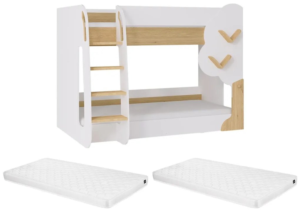 Łóżko piętrowe 2 x 90 x 190 cm - Biały i Naturalny + Materac - PILATI