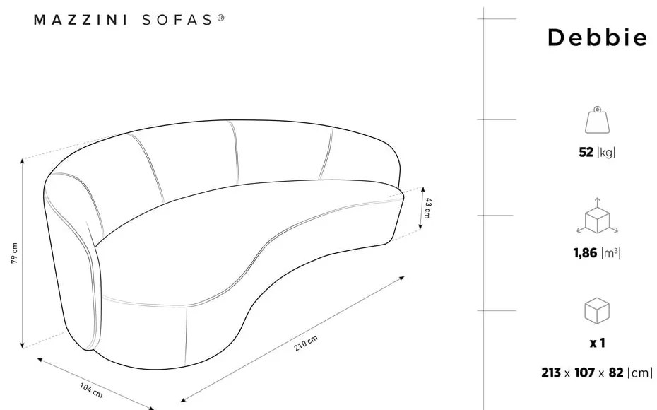 Beżowa aksamitna asymetryczna sofa Mazzini Sofas Debbie, lewostronna