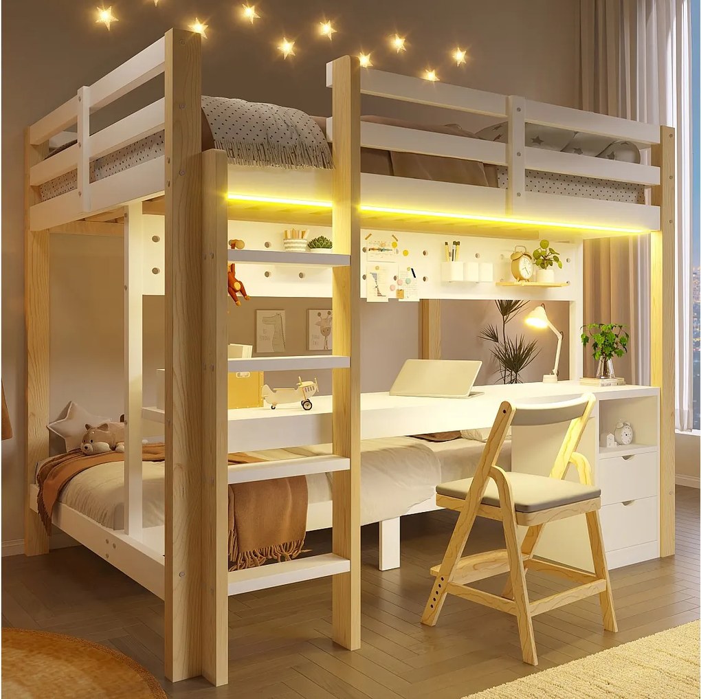 Łóżko piętrowe Enfamt - 90 x 200 cm + 140 x 200 cm - z diodami LED + biurko + szuflady - drewno - naturalny + biały