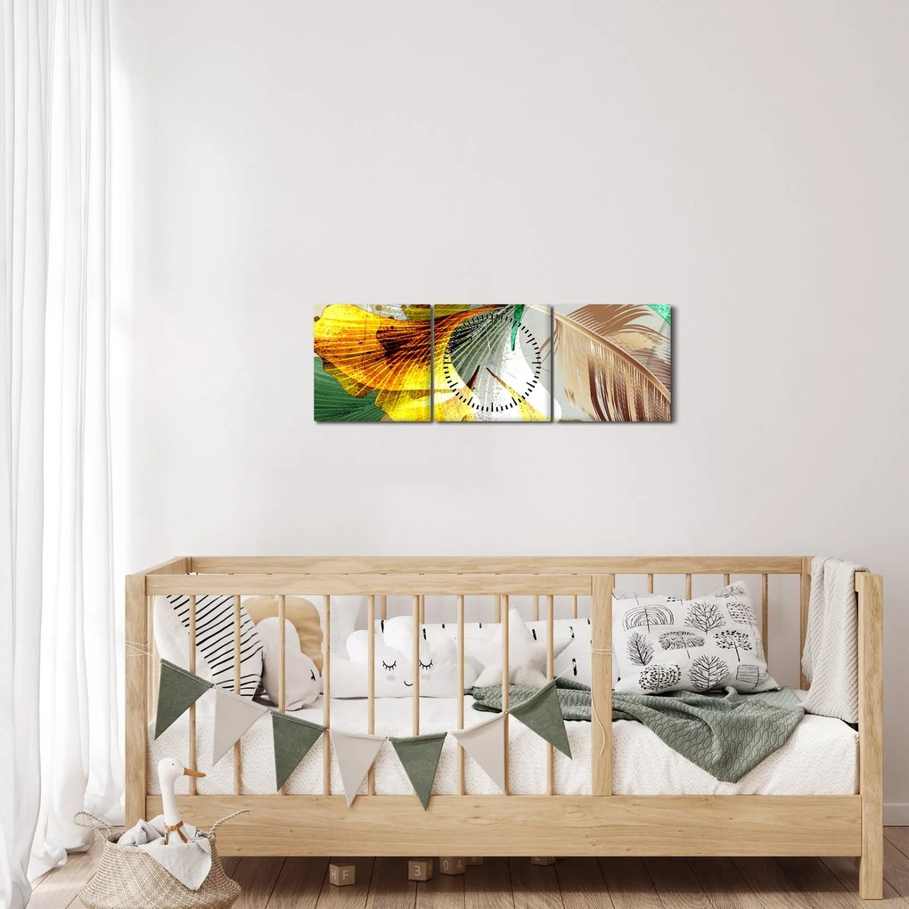 Obraz - Liście z piórami (z zegarem) (90x30 cm)