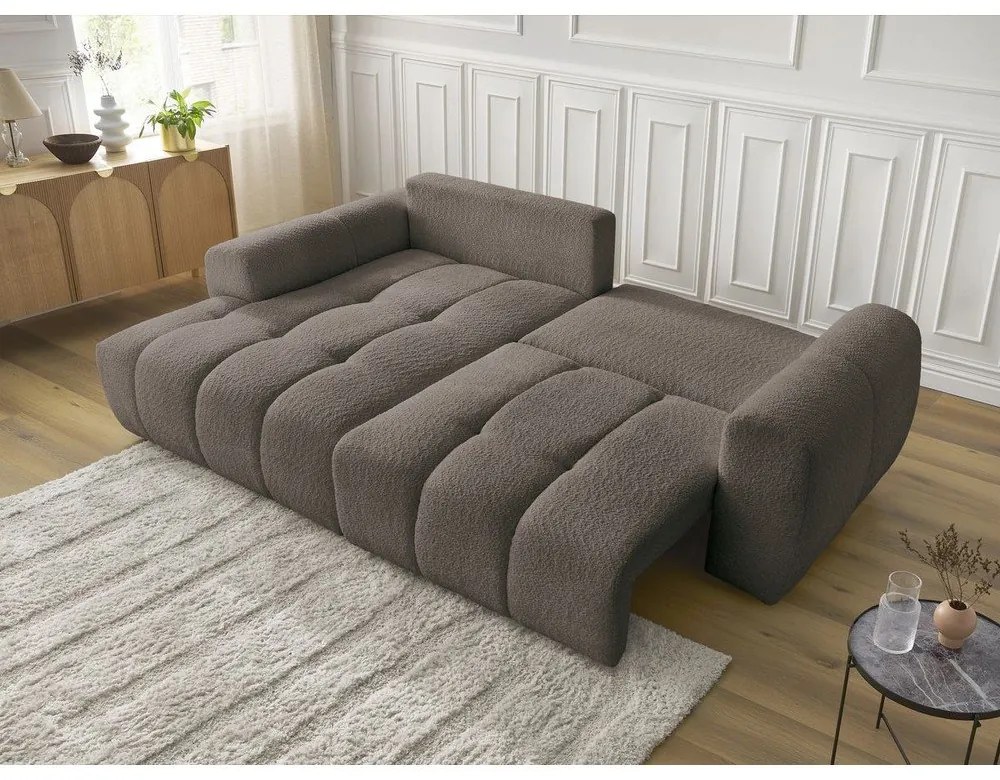 Brązowy rozkładany/ze schowkiem narożnik z materiału bouclé (lewostronny/z szezlongiem) Roxelane – Bobochic Paris