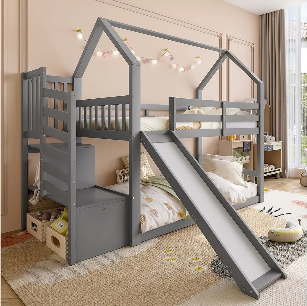Łóżko piętrowe 90x200 cm, łóżko dziecięce ze schodkami i zjeżdżalnią, barierka bezpieczeństwa - szare (bez materaca)