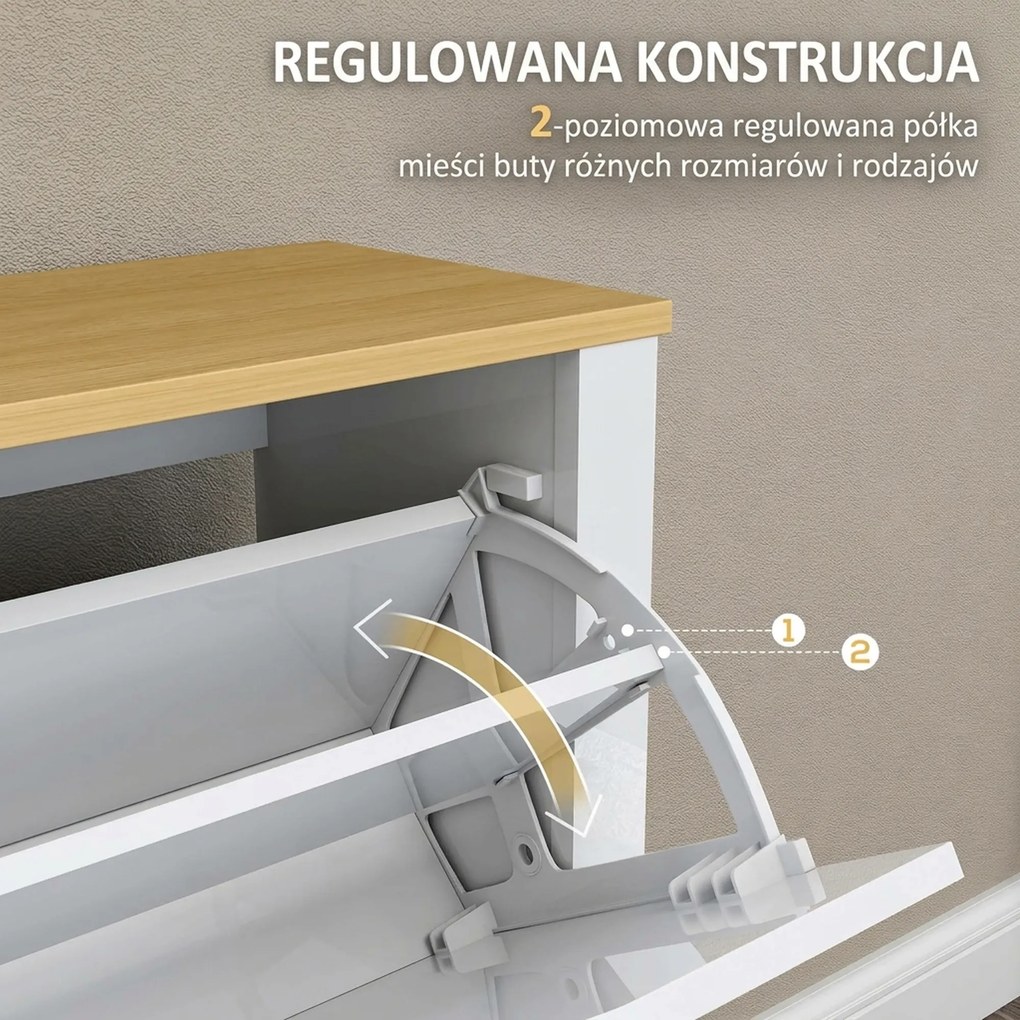 HOMCOM Wąska szafka na buty z 4 uchylnymi przegrodami, na 8–16 par butów, 105 x 26 x 80 cm, biały + naturalny | Aosom PL
