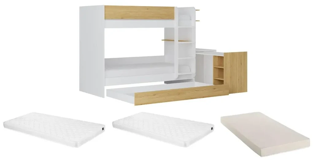 Łóżko piętrowe z wysuwanym posłaniem i 2 biurkami 3 x 90 x 190 cm - Biały i naturalny + Materac - DOMATI