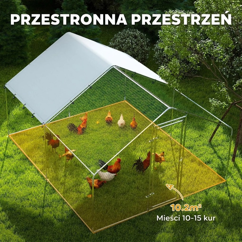PawHut Wybieg dla kur, duży metalowy wybieg z wodoodporną i odporną na UV pokrywą, klatka dla 10-15 kur, 3 x 3,4 x 1,9 m | Aosom PL
