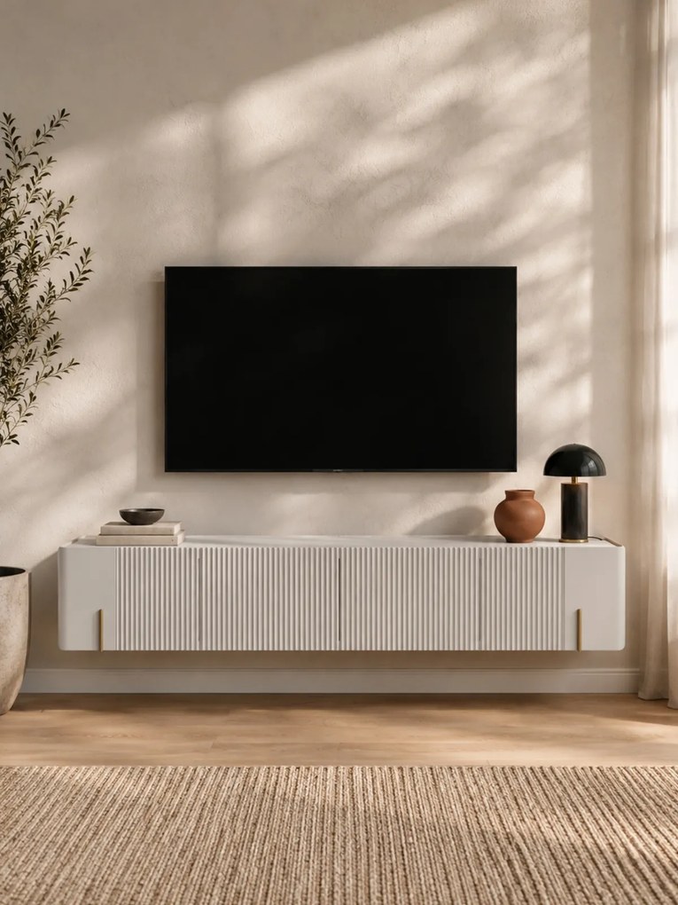 Szafka RTV Malmi 200 cm wisząca - kaszmir / crema bianca / złoty