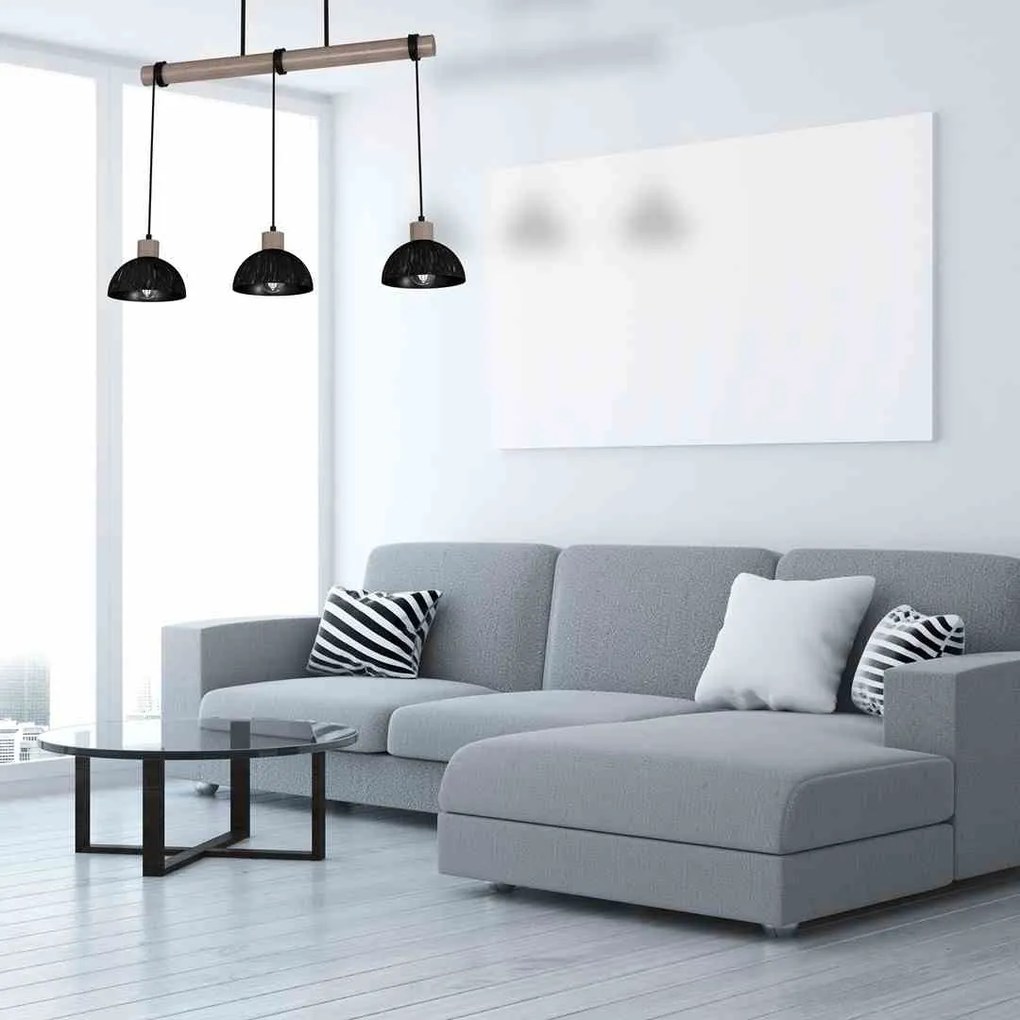 Lampa wisząca, czarna, drewno, potrójna, ERIK Sawn black/Patinated wood 3XE27