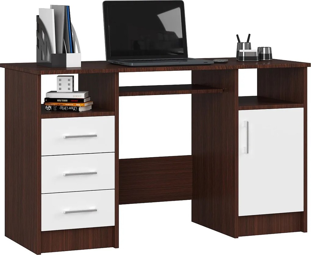Biurko AKORD ANA Wenge 124 cm biurko komputerowe 1 drzwi 3 szuflady kolor Biały mat 5 półek 124x52x74 cm