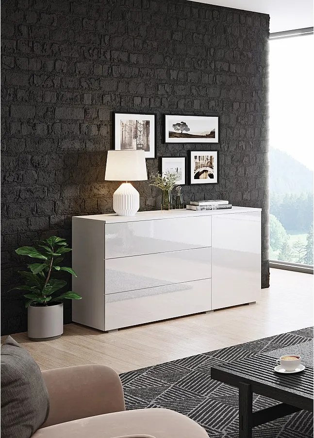 Komoda 110 cm do salonu – nowoczesna komoda z 3 szufladami i szafką, korpus biały mat i fronty biały połysk