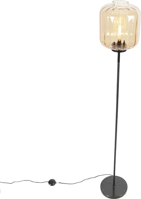 Designerska lampa podłogowa czarna z bursztynowym szkłem - Qara