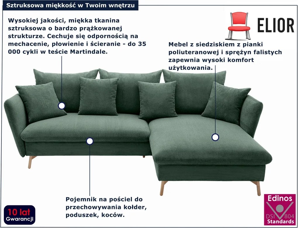 Zielony narożnik sztruksowy z funkcją spania Z0-E44