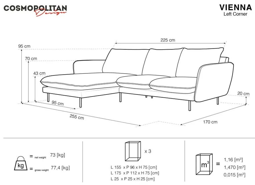 Ciemnoszara narożna aksamitna sofa lewostronna Cosmopolitan Design Vienna