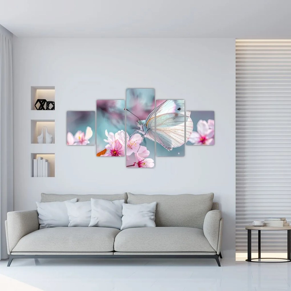 Obraz - Motyl na drzewie wiśni (125x70 cm)