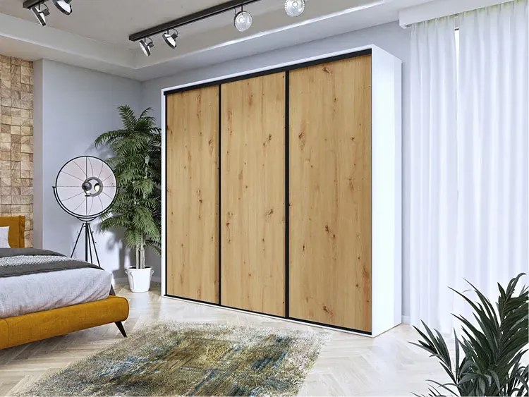 Szafa przesuwna biel + dąb artisan + czarne paski - Estori 5X