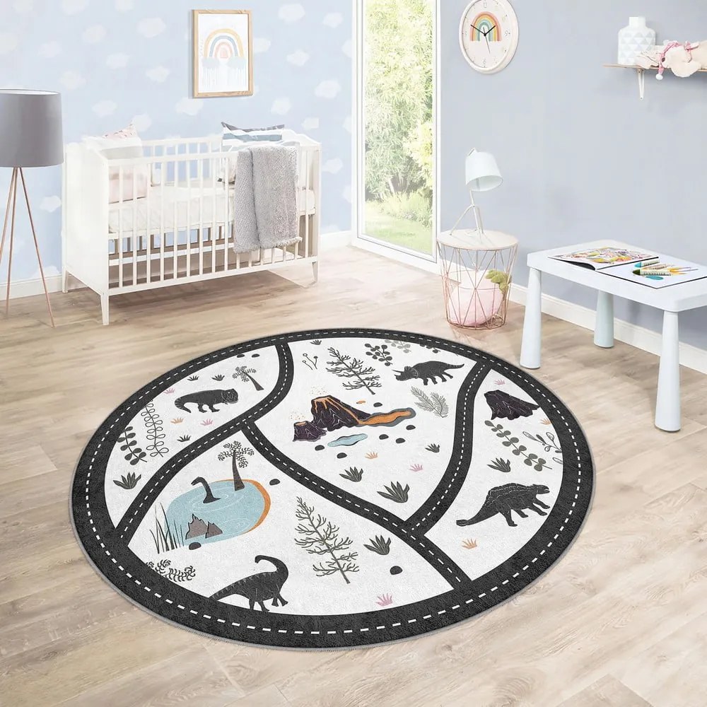 Czarno-biały dziecięcy dywan do zabawy odpowiedni do prania ø120 cm Dino Park – Mila Home